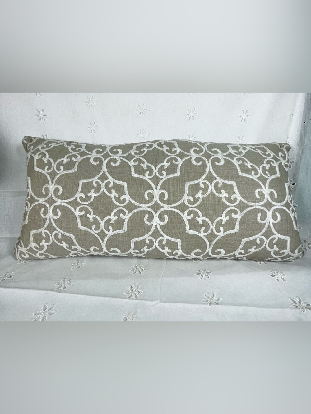 Nina Home Embroidered Lumbar Throw Pillow Neutral Taupe Removable Cover